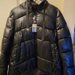 Black Hooded Puffer With Fringe On Sleeves XL